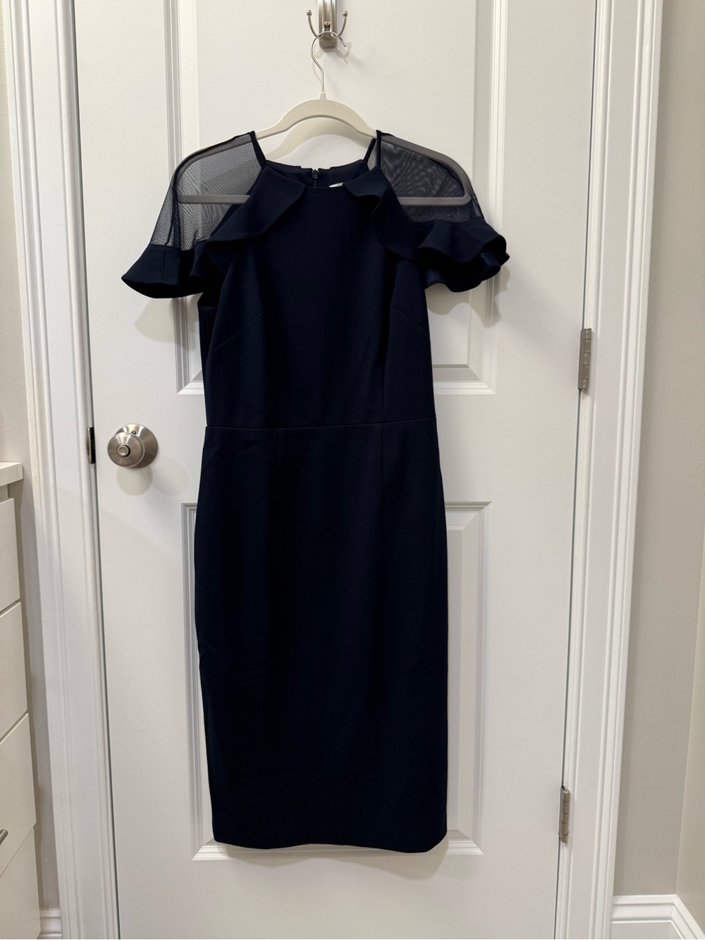 Eliza J Navy Mesh-Ruffle Sheath Midi Dress